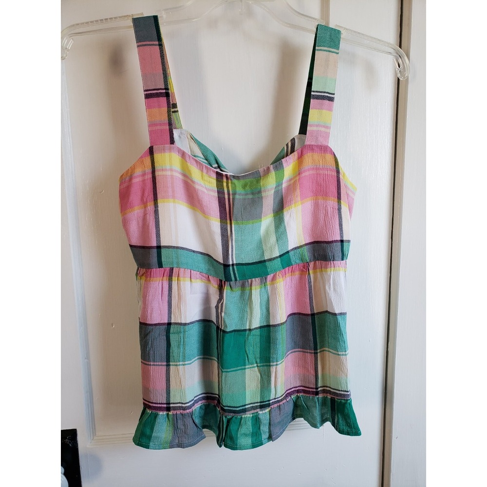 LOFT off the shoulder wide straps plaids knot tie back ruffle hem women Top 6P